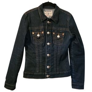 True Religion Mens Medium Dark Blue Denim World Tour Trucker Jacket Streetwear